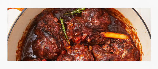 LAMB SHANKS IN RED WINE WITH CREAMY EGGPLANT