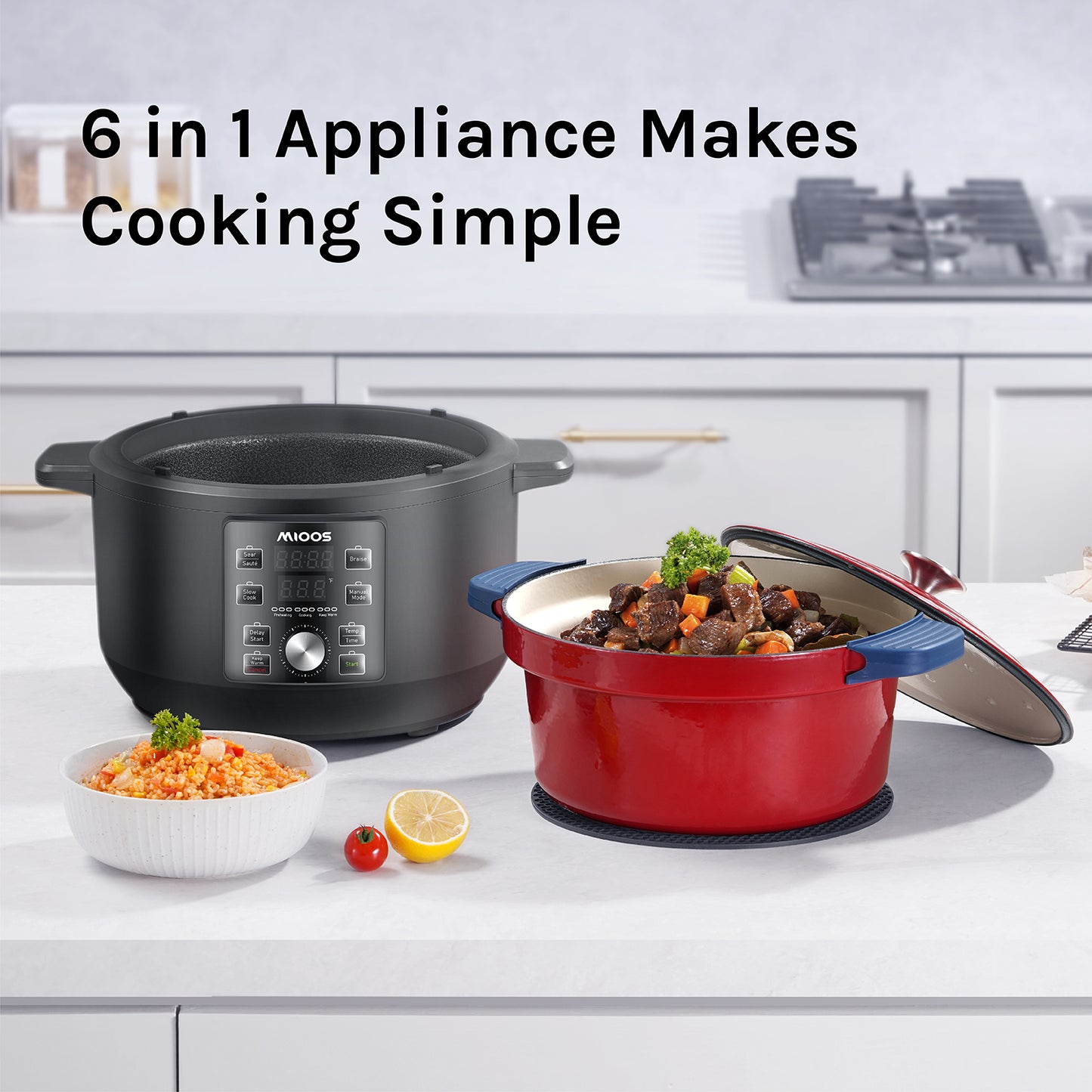 MIOOS Electric Enameled Cast Iron Dutch Oven Pot 6 in 1 6 QT Capacity with Temperature and Cook Time Adjustable, Sauté, Stew, Steam, Slow Cook, Keep Warm, Delay, Manual Modes