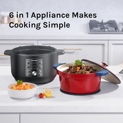 MIOOS Electric Enameled Cast Iron Dutch Oven Pot 6 in 1 6 QT Capacity with Temperature and Cook Time Adjustable, Sauté, Stew, Steam, Slow Cook, Keep Warm, Delay, Manual Modes