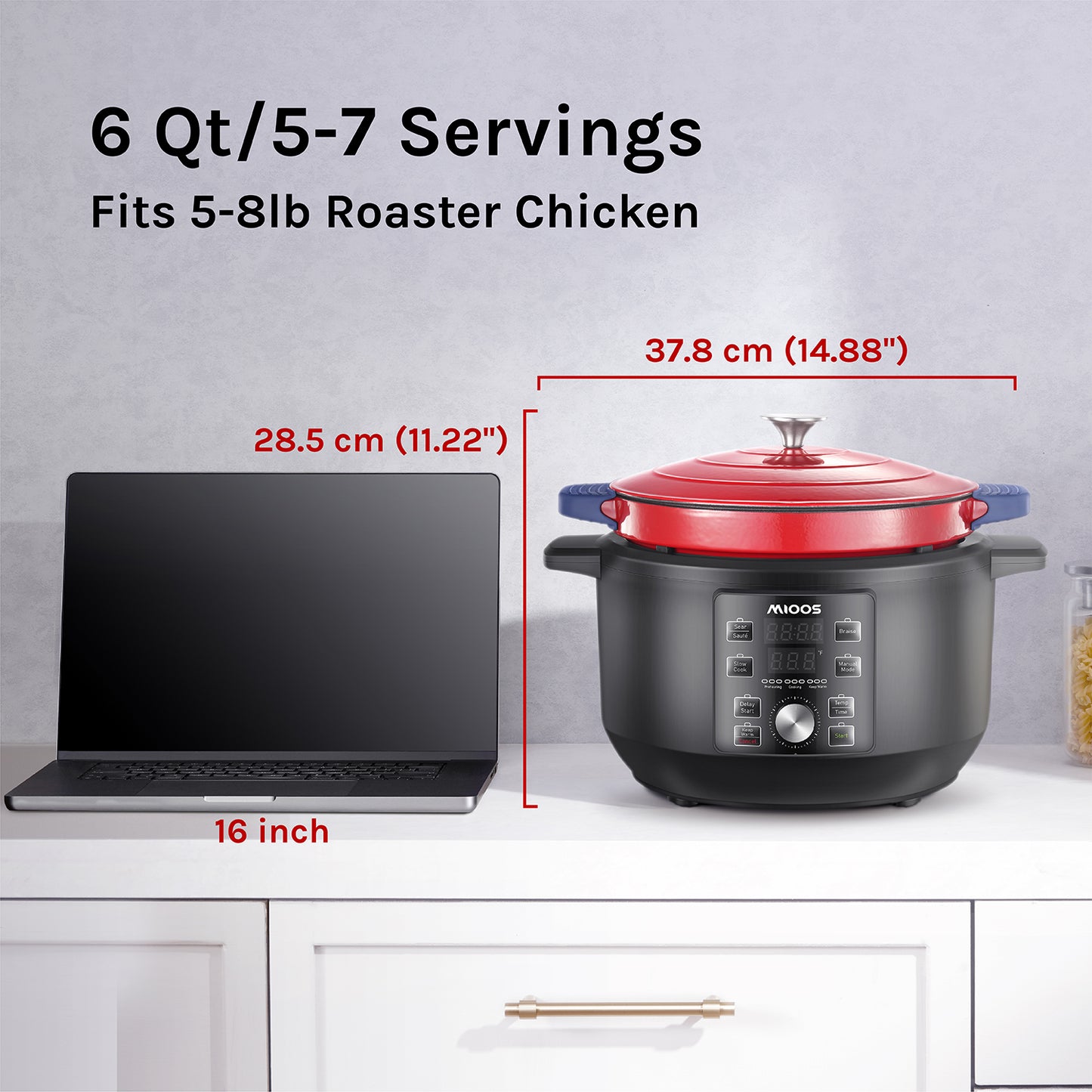 MIOOS Electric Enameled Cast Iron Dutch Oven Pot 6 in 1 6 QT Capacity with Temperature and Cook Time Adjustable, Sauté, Stew, Steam, Slow Cook, Keep Warm, Delay, Manual Modes