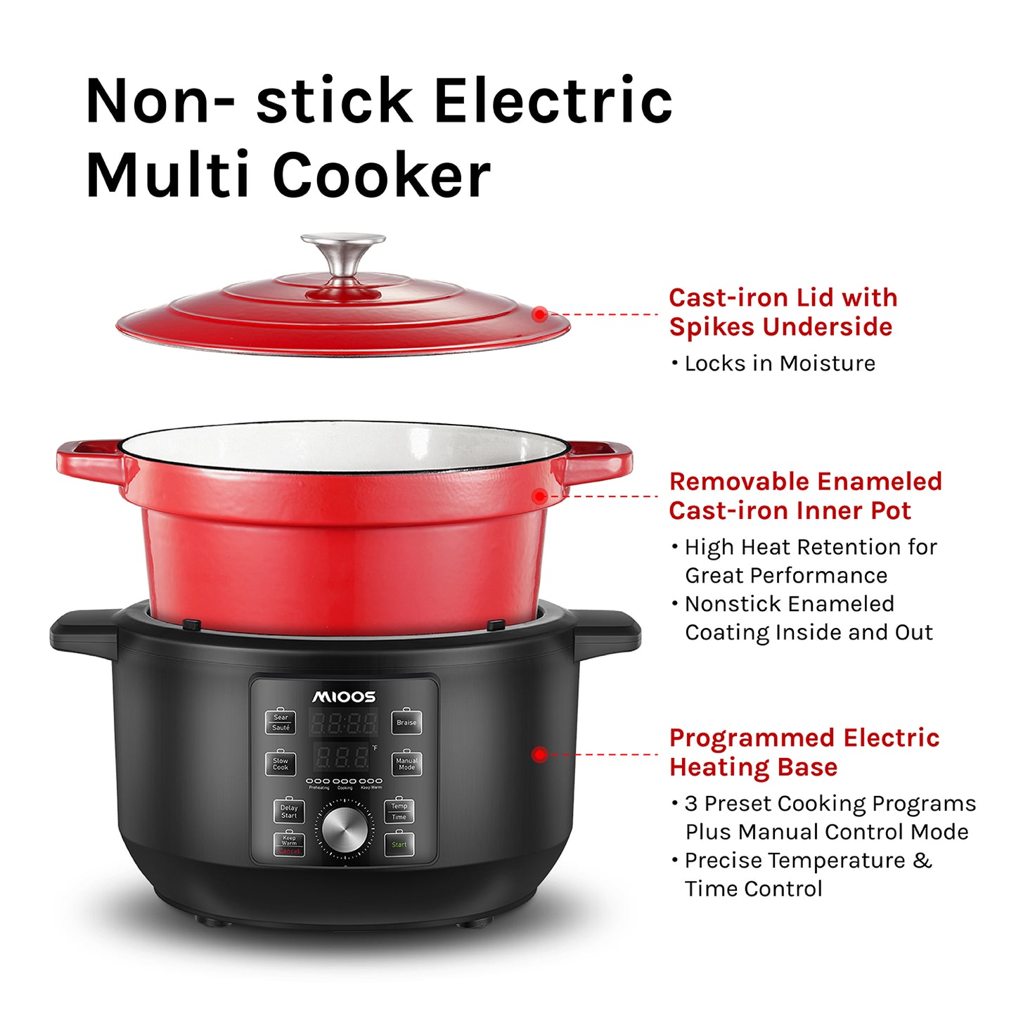 MIOOS Electric Enameled Cast Iron Dutch Oven Pot 6 in 1 6 QT Capacity with Temperature and Cook Time Adjustable, Sauté, Stew, Steam, Slow Cook, Keep Warm, Delay, Manual Modes