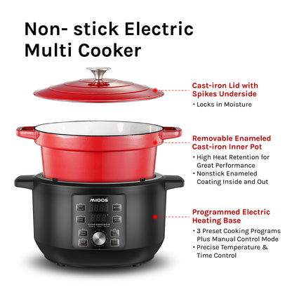 MIOOS Electric Enameled Cast Iron Dutch Oven Pot 6 in 1 6 QT Capacity with Temperature and Cook Time Adjustable, Sauté, Stew, Steam, Slow Cook, Keep Warm, Delay, Manual Modes