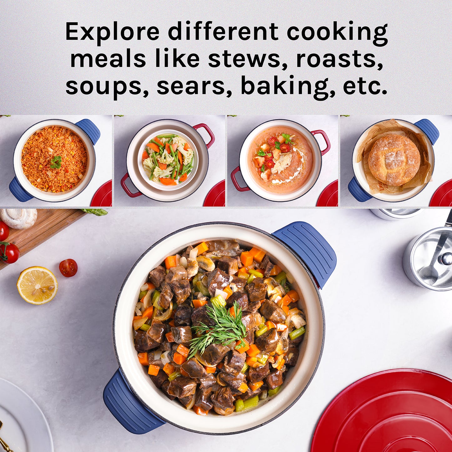 MIOOS Electric Enameled Cast Iron Dutch Oven Pot 6 in 1 6 QT Capacity with Temperature and Cook Time Adjustable, Sauté, Stew, Steam, Slow Cook, Keep Warm, Delay, Manual Modes