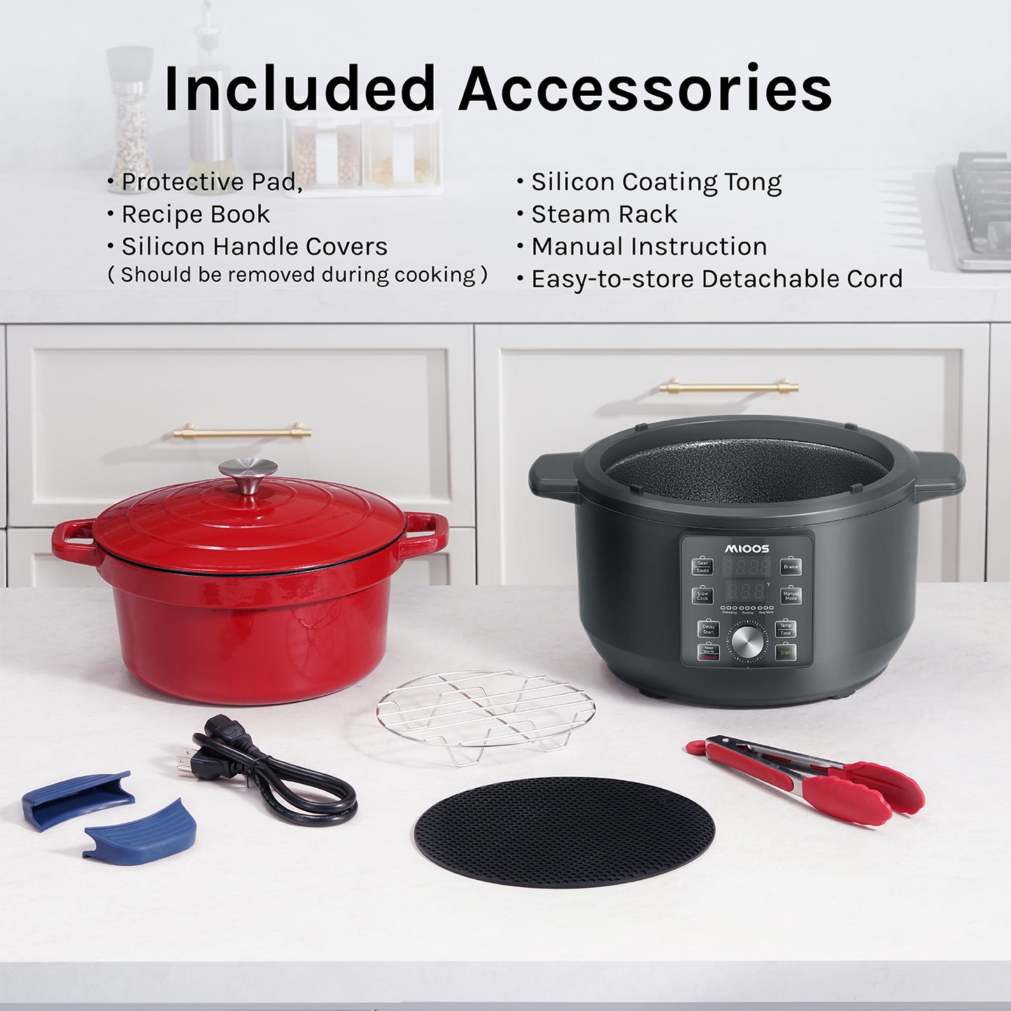 MIOOS Electric Enameled Cast Iron Dutch Oven Pot 6 in 1 6 QT Capacity with Temperature and Cook Time Adjustable, Sauté, Stew, Steam, Slow Cook, Keep Warm, Delay, Manual Modes