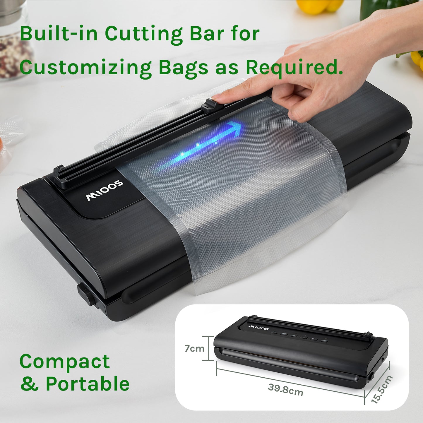 Mioos Vacuum Sealer Machine Built-in Cutter with Bar Roll, 10 Vacuum Bags, Suction Hose for Food Preservation Storage