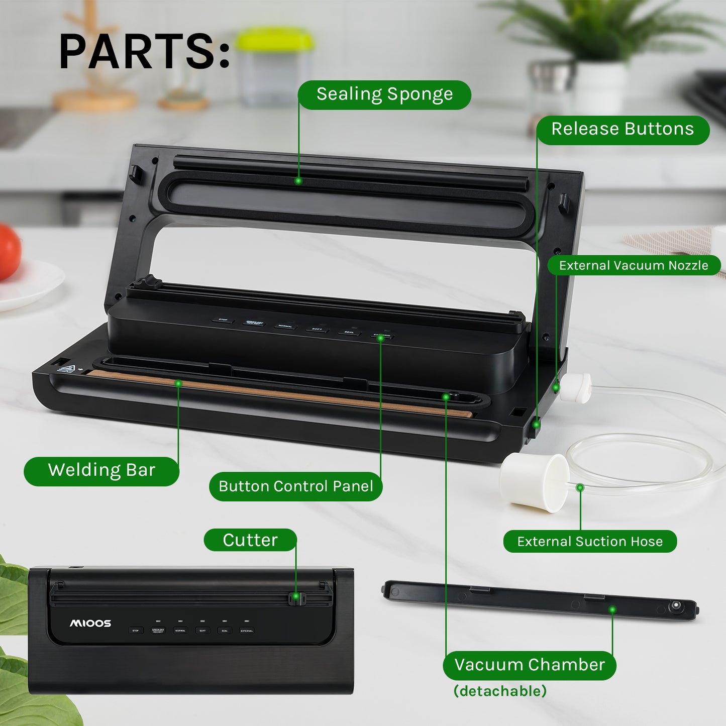 Mioos Vacuum Sealer Machine Built-in Cutter with Bar Roll, 10 Vacuum Bags, Suction Hose for Food Preservation Storage