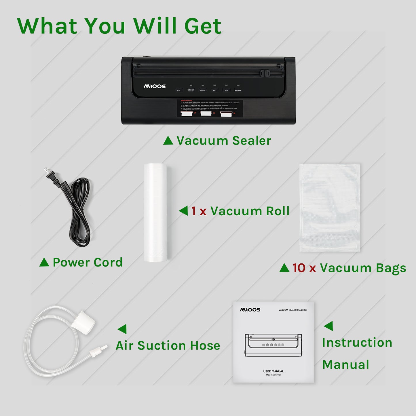 Mioos Vacuum Sealer Machine Built-in Cutter with Bar Roll, 10 Vacuum Bags, Suction Hose for Food Preservation Storage